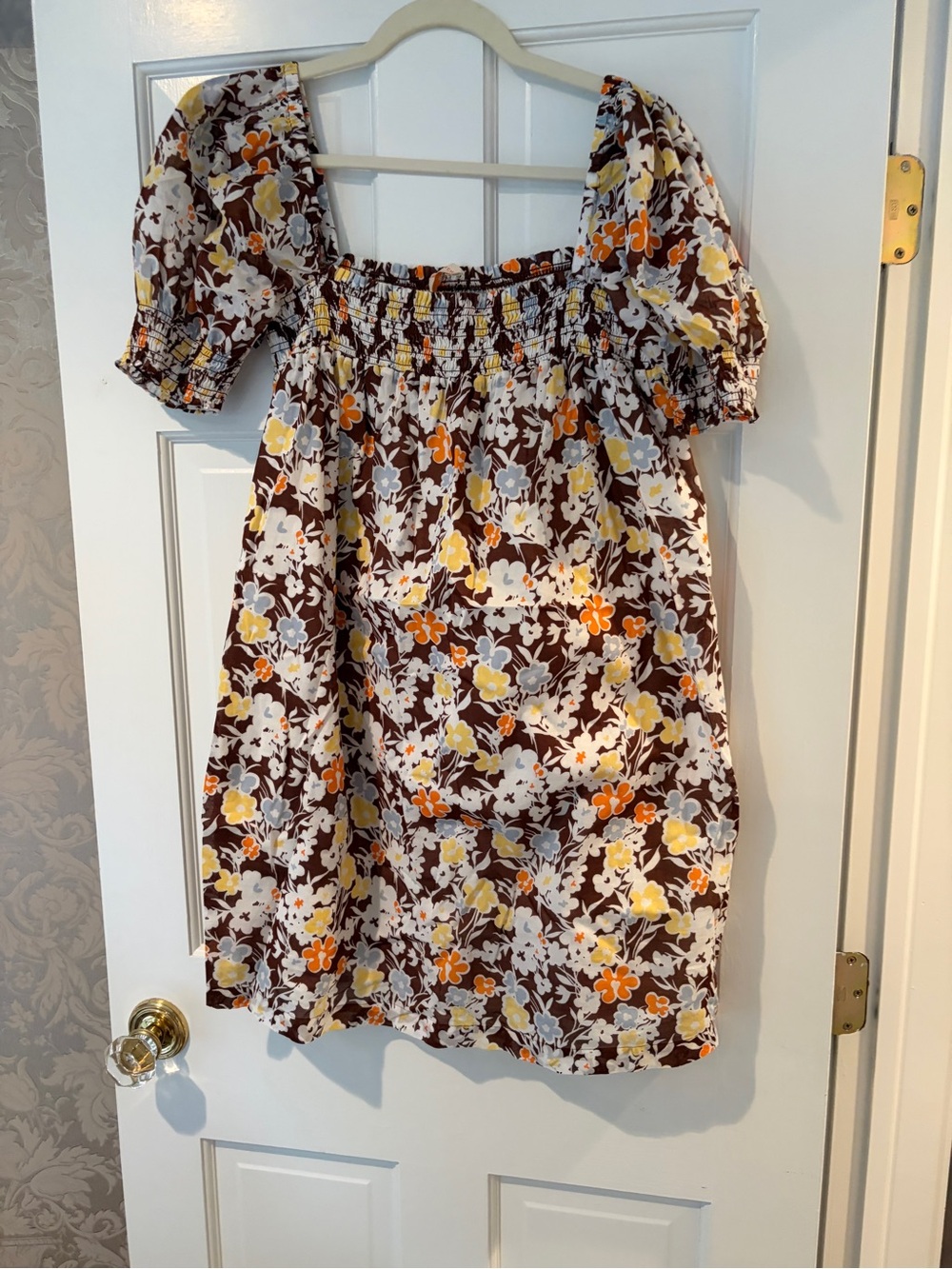Tory Burch  Floral Puff-Sleeve Dress in Brown and Yellow xl beach swim coverup